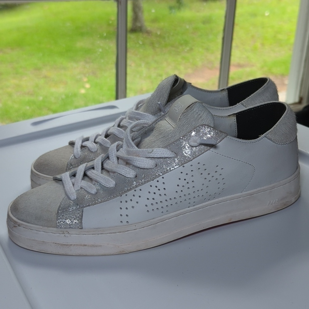 P448 Jack Calf Hair Perforated Sneakers White + Silver Women's Size 39 / 8.5